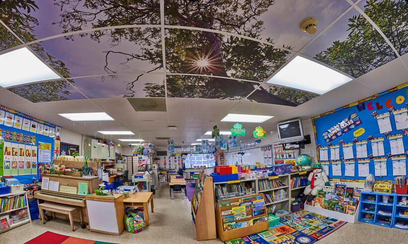 Classroom with ceiling mural